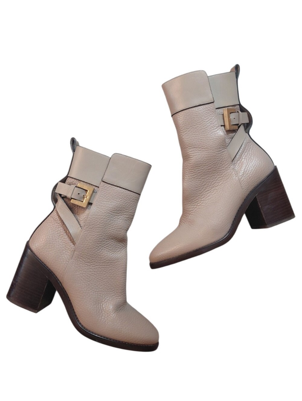 Stuart Weitzman Joplin Beige Pebbled Leather Buckle Block Heel Ankle Boots